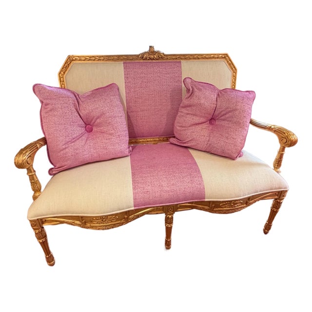 Mid 20th Century Antique-Style Settee Reimagined in Modern Luxury — Brand-New Upholstery and Accent Pillows For Sale