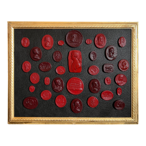 #156 Grand Tour Revival Waxed Red Intaglio Arrangement on the Leather in Gilt Frame