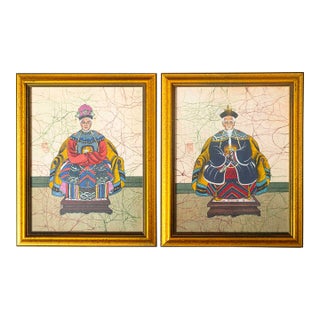 Vintage Chinese Qing-Style Ancestor Portrait Paintings, Framed - Pair For Sale