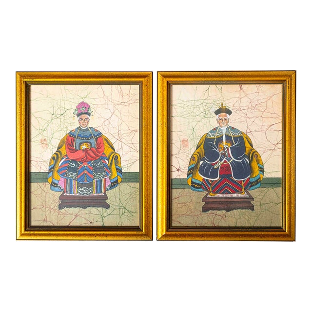 Vintage Chinese Qing-Style Ancestor Portrait Paintings, Framed - Pair For Sale
