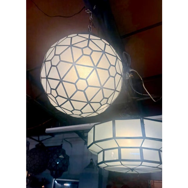 Art Deco Style Globe White Milk Glass & Brass Pendant Chandelier Lantern For Sale - Image 14 of 15