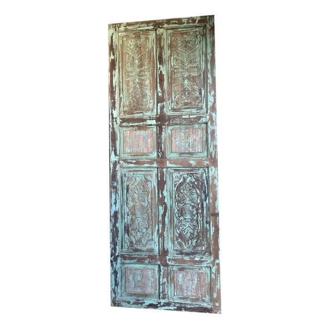 Vintage Hand-Carved Door Panel in Distressed Green | Rustic Farmhouse Architectural Statement 96 For Sale