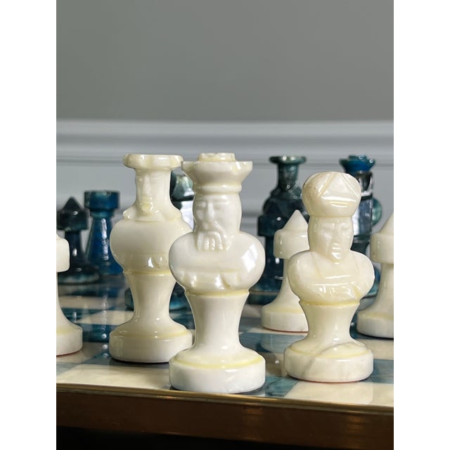 Blue Chinese Stone Chess Set on Brass Framed and Footed Board in Blue and White, 1960s For Sale - Image 8 of 15