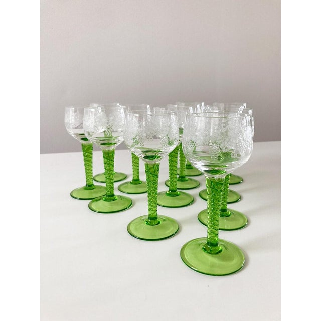 Mid-Century Modern Bohemia Glass Remmare Liqueur Glasses with Green Stem, 12 Pieces, 1960s from Royal Dux Bohemia, Set of 12 For Sale - Image 3 of 5