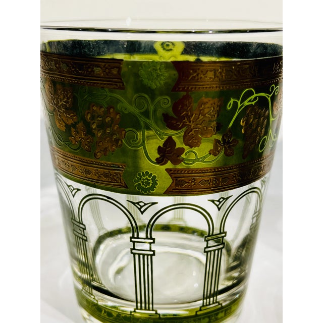Vintage MCM Cera Cora Roman Arch Green and Gold Old Fashioned Set of 3 Glasses For Sale - Image 4 of 5