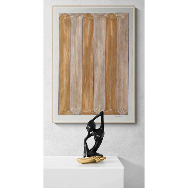 This piece evokes peaceful arches in alternating tones of terra cotta lines enclosed with blue. Made with acrylic paint...