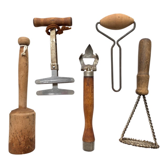 Vintage Rustic Primitive Wood Metal Kitchen Tools Utensils Set of 5