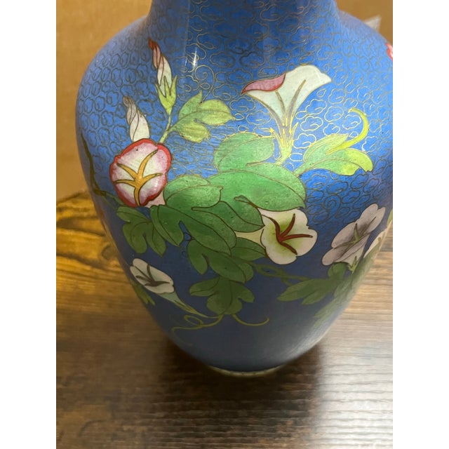 Vintage Chinese Blue Cloisonné Enamel Vase With Morning Glory Flowers, 10 Inches For Sale - Image 4 of 8