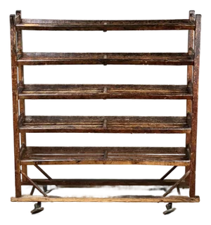 Antique Oak Shoe Factory Rolling Rack on Original Industrial Casters C. Late 19th Century