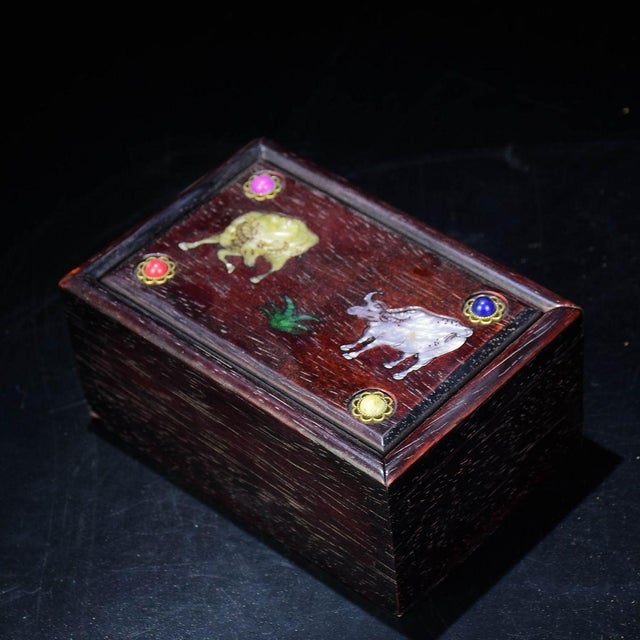 Wood Vintage Chinese Zitan Wood Box With Mother of Pearl & Gemstone Inlay - Twin Oxen Motif For Sale - Image 7 of 9