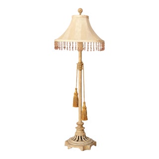 Vintage Hollywood Regency Cast Iron Table Lamp With Beaded Fringe Shade & Dual Tassels – 38” Tall For Sale