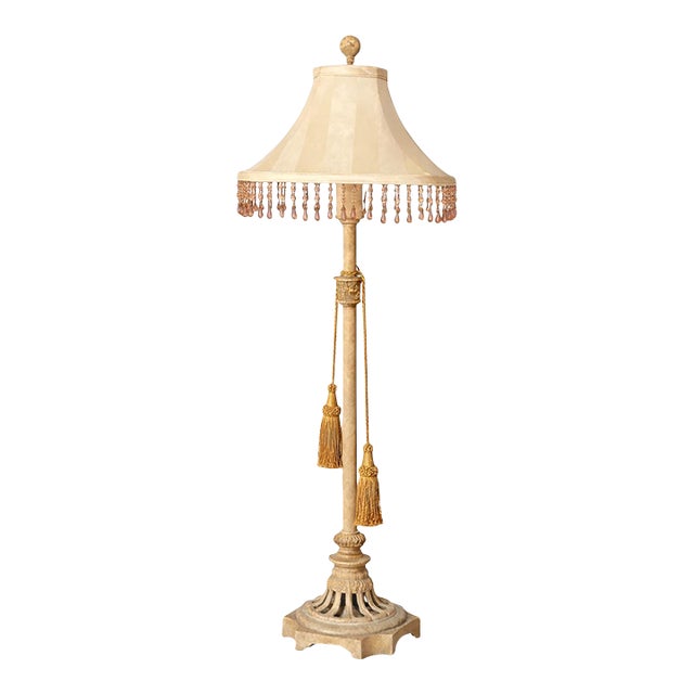 Vintage Hollywood Regency Cast Iron Table Lamp With Beaded Fringe Shade & Dual Tassels – 38” Tall For Sale