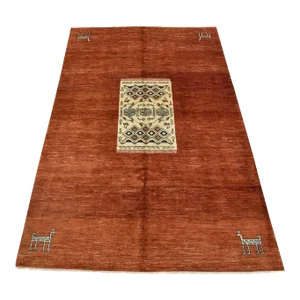 Gabbeh Rug 6’1” X 9′ Red Wool Contemporary Hand-Knotted Oriental Carpet