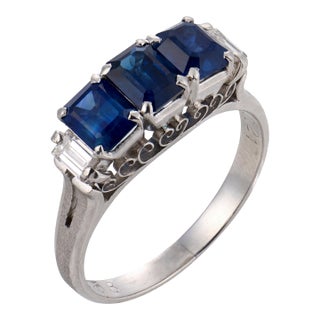 Vintage 2.13 Carat Sapphire Diamond Platinum Ring, Size 6.5 For Sale