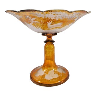 Mid 19th Century Bohemian Amber Compote Cut Crystal Engraved Country Scene of Deer For Sale