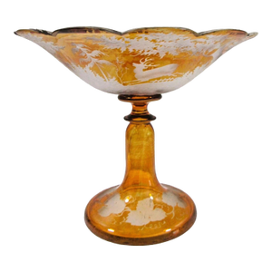 Mid 19th Century Bohemian Amber Compote Cut Crystal Engraved Country Scene of Deer