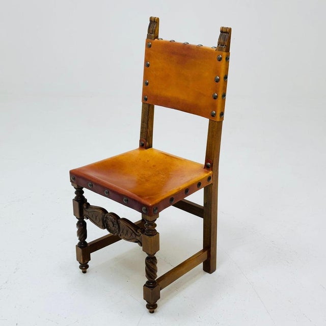 Antique Swedish Folk Art Farm Country Dining Chairs in Pine and Tan Leather, 1890s For Sale - Image 9 of 11
