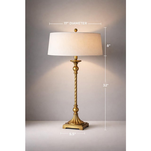 Hollywood Regency Late 20th Century Tall Neoclassical Buffet Lamps in Sunlit Aged Brass With Twisted Columns & Custom Low-Profile Linen Shades - a Pair For Sale - Image 3 of 8