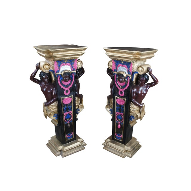 A lavish pair of massive Venetian / Neo Grecian style sculpture pedestals. Made from bronze with a vibrant polychrome...