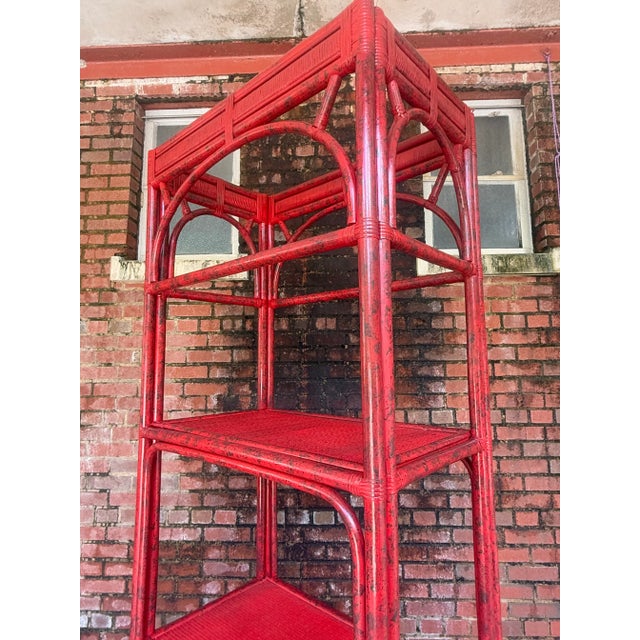 Red Vintage Rattan Etagere Bookcase in Vermillion Red Faux Tortoise Shell Finish - Newly Painted For Sale - Image 8 of 12