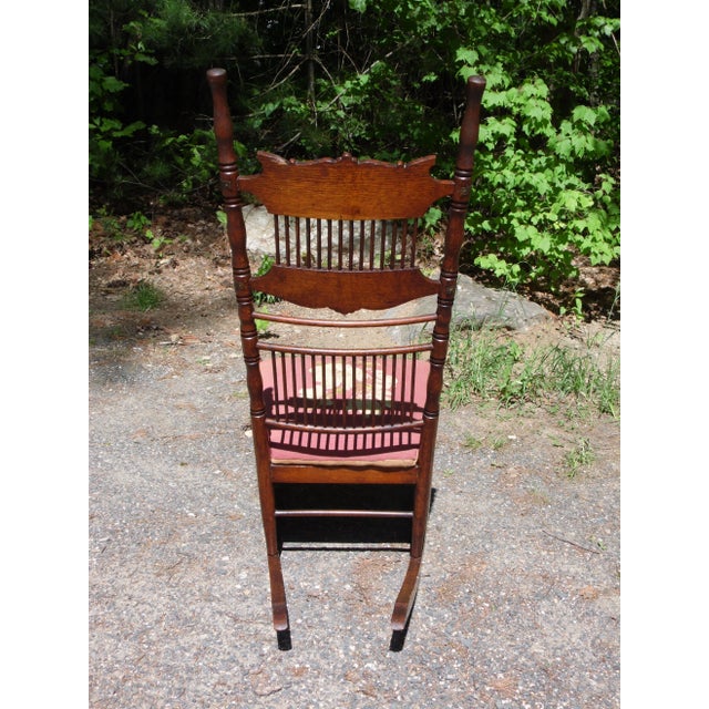 Antique Spoon Carved Solid Oak Spindle Back Rocker Needlepoint Rocking Chair For Sale - Image 11 of 12