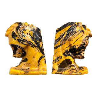 Vintage Mid-Century Modern Black & Yellow Marble Pattern Horse Bookends - a Pair For Sale