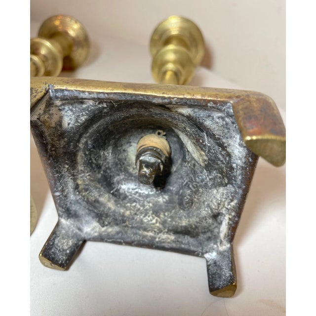 Rare Pair Primitive Antique 18th Century Turned Brass Candlestick Candle Holder For Sale - Image 10 of 12