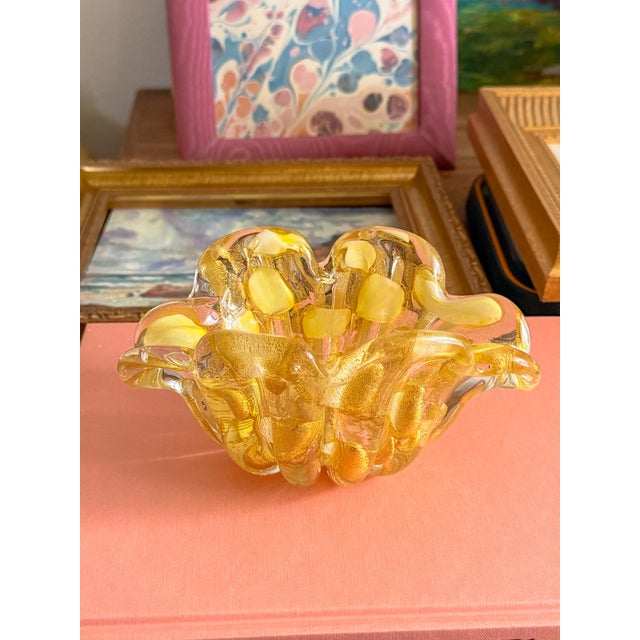 1950s Barovier & Toso Murano Yellow Spots Gold Flecks Italian Art Glass Flower Form Bowl For Sale - Image 16 of 16