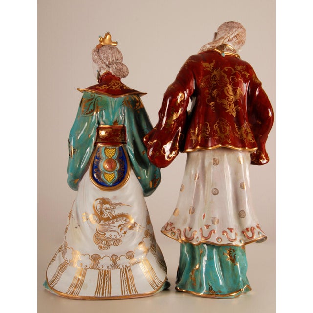 Eugenio Pattarino Vintage Italian Ceramic Sculptures Chinoiserie Glazed Terracotta Figures - A Pair For Sale - Image 4 of 15