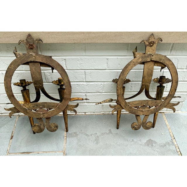 Gothic Monumental Pair of Antique New Orleans Hand-Forged Gilt Iron Spanish Revival Candle Sconces For Sale - Image 3 of 10