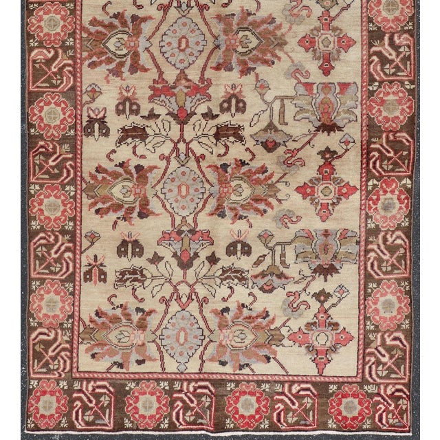 Traditional Vintage Oushak Rug From Turkey With All-Over Floral Design in Ivory, Brown & Red For Sale - Image 3 of 13