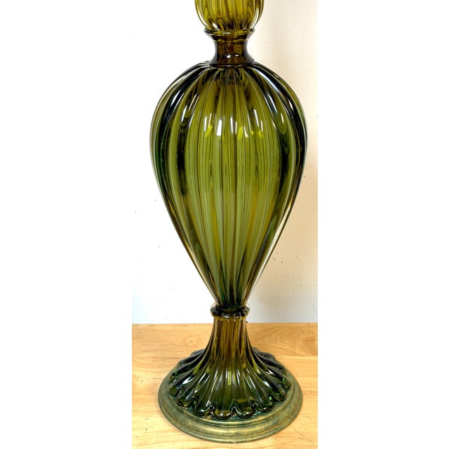 Pair of Barovier & Toso Ribbed Olive Verde Murano Glass Lamps, Circa 1955-1965 For Sale - Image 18 of 18
