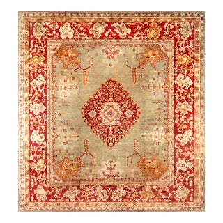 Antique Large Square Green Oushak Rug - 13'8" x 15'3" For Sale