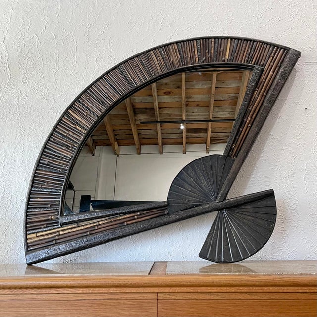 Modern Large Vintage 1980s Coastal Modern Split Rattan Fan Shaped Mirror For Sale - Image 3 of 6