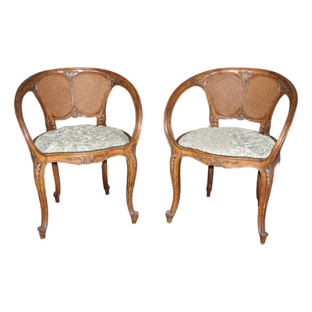 Pair Antique French Art Noveau Carved Wood Cane Back Armchairs For Sale