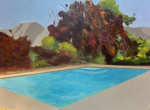 “Mountain Aquatics" Contemporary California Pool Landscape With Mount Tam in Maroon, Green, Blue by Mill Valley Artist Mary Anne McKernie