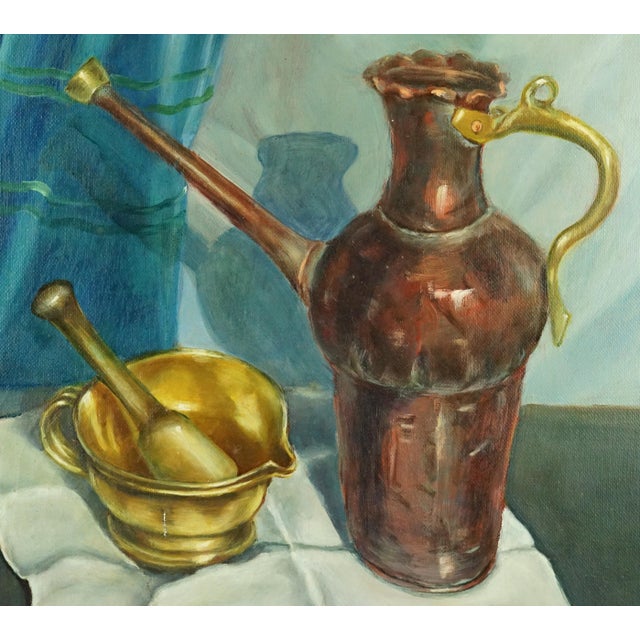 Giovanni Zancolo, Post Impressionist Still Life with Copper Pourer and Brass Mortar and Pestle, 1970s, Oil on Canvas For Sale - Image 3 of 12