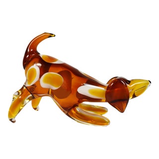 Mid-Century Hand Blown Spotted Amber Murano Art Glass Dog Figurine For Sale