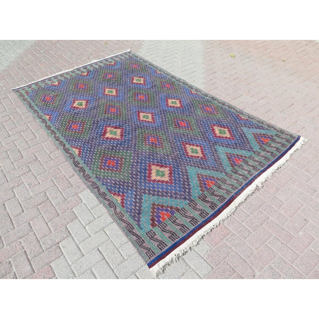 Mid 20th Century Royal Blue Handmade Turkish Vintage Kilim Area Rugs For Sale - Image 5 of 11