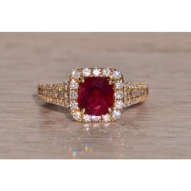 Contemporary The 61st Avenue: Cushion Shaped Natural Burmese Ruby and Diamond Ring in Yellow Gold For Sale - Image 3 of 10