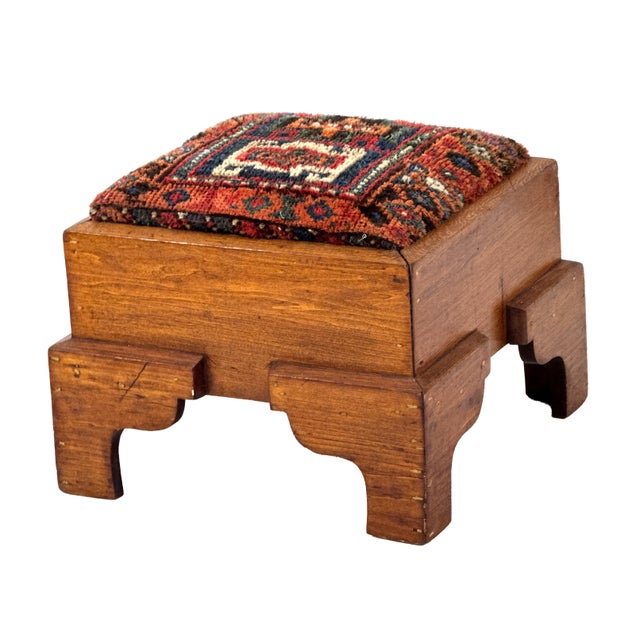 Antique 1920s Handmade Oak Wood Spanish Colonial Revival Arts & Crafts Footstool W/ Hand-Knotted Rug Seat For Sale - Image 4 of 17