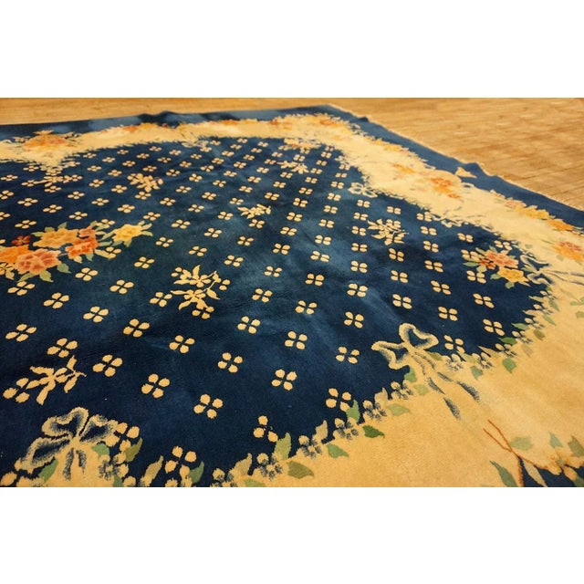 Navy Blue 1930s Blue Navy Roses 4 Star Antique Chinese Art Deco Carpet 9' X 11'4" Knotted Wool Rug For Sale - Image 8 of 14
