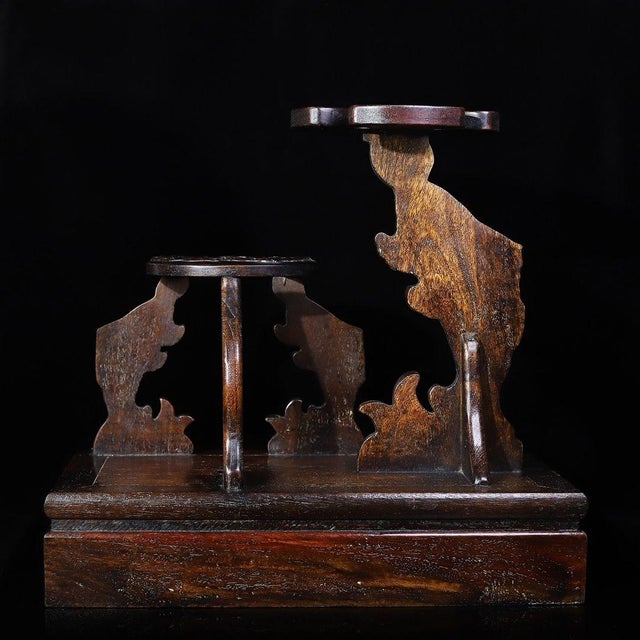 Wood Vintage Chinese Huali Rosewood Wine Rack | Carved Lotus & Carp Motif Display Stand For Sale - Image 7 of 9