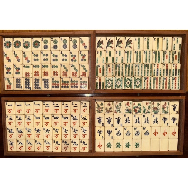 Chinoiserie Beautiful Antique Chinese Mahjong Game Set in Stunning Dovetailed Wood, Leather & Brass Case For Sale - Image 3 of 18