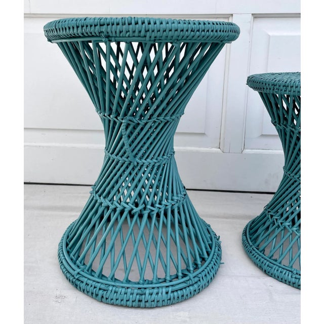 Contemporary 1970s Set of 3 Wicker Rattan Cane Woven Teal Blue Pedestal Stools For Sale - Image 3 of 10