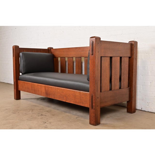 Mission Limbert Antique Mission Oak Arts and Crafts Settle Sofa, Newly Reupholstered For Sale - Image 3 of 12