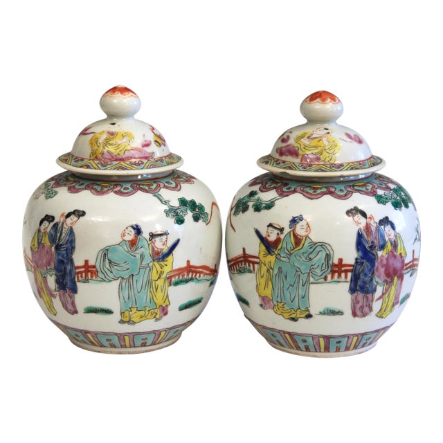 Pair of Antique Chinese Porcelain Ginger Jars Vases Covers, Kangxi Marks Matched For Sale