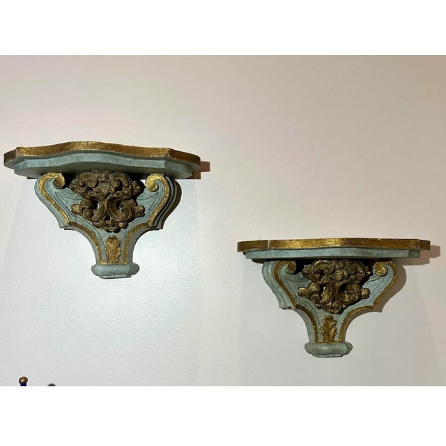 Late 20th Century Large Vintage Gilt and Celadon Wall Brackets - A Pair For Sale - Image 5 of 11