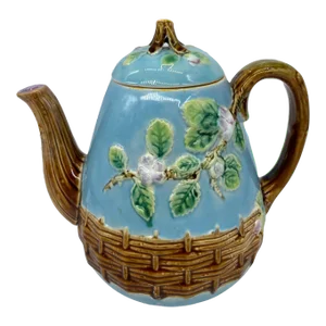 George Jones Majolica 'Apple Blossom' Teapot Basketweave on Turquoise, Ca. 1873