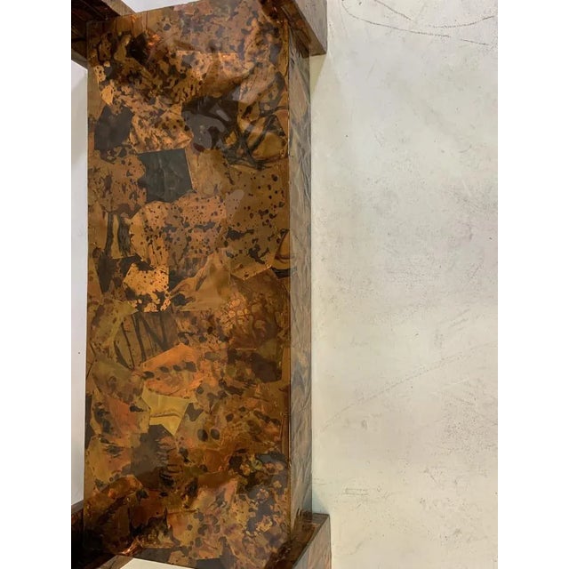 Great Paul Evans Style Patchwork Copper and Brass Patinated Mixed Metals Etagere with Recessed Frosted Glass Rectangular...